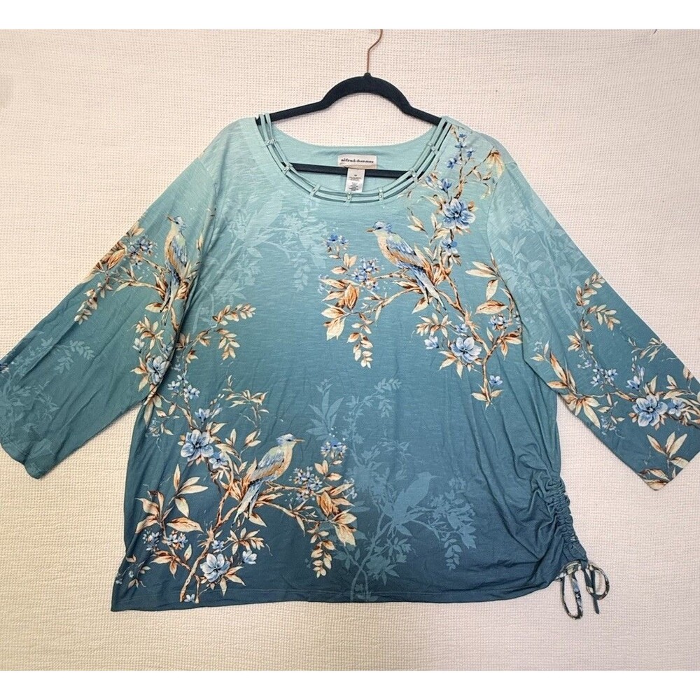 Alfred Dunner Blue Bird Floral Top Womens 2XL Ombre Ruched Side 3/4 Sleeve